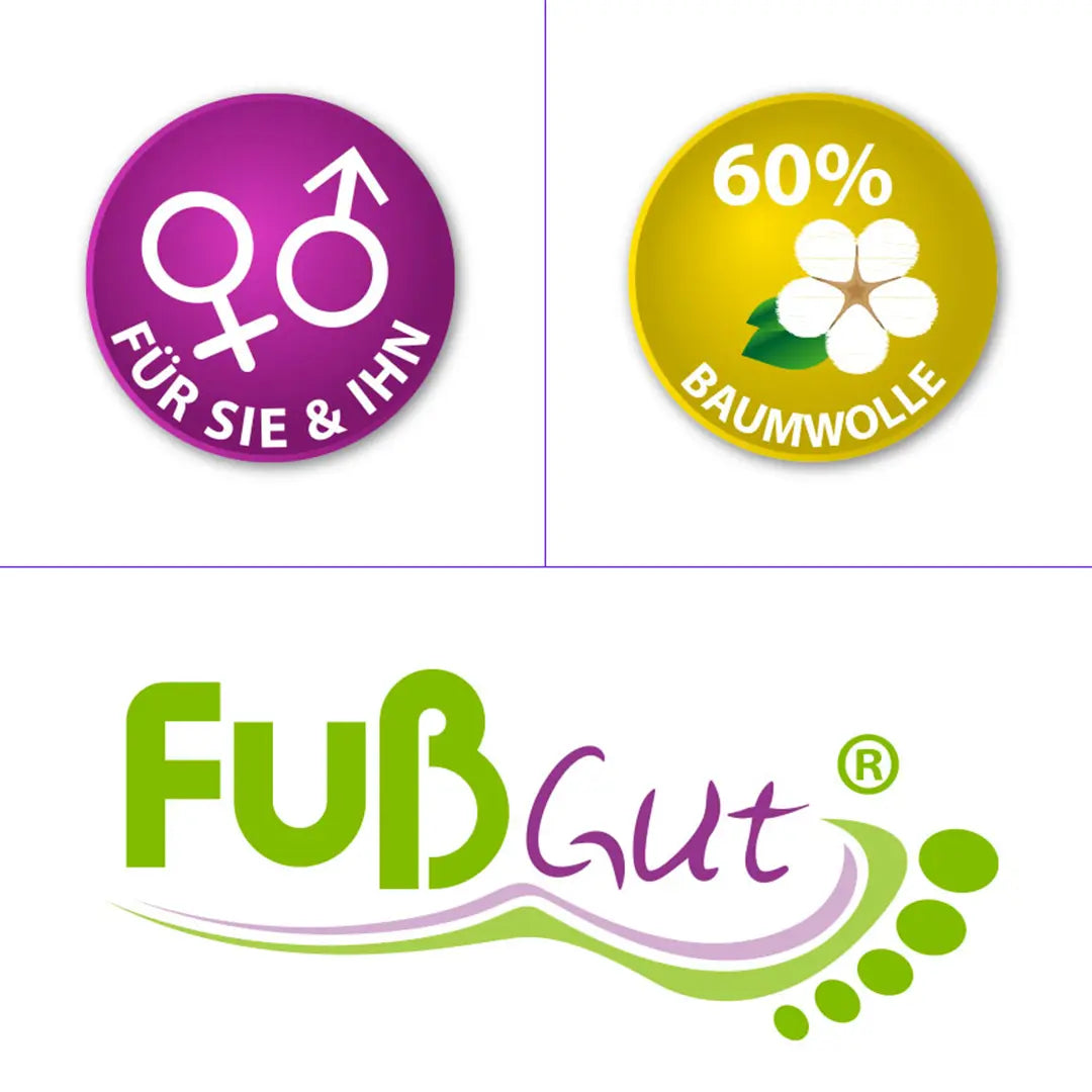 Produktmerkmale der FußGut Stützstulpen – Unisex-Design, 60 % Baumwolle für hohen Tragekomfort & das FußGut-Logo als Qualitätsmerkmal.