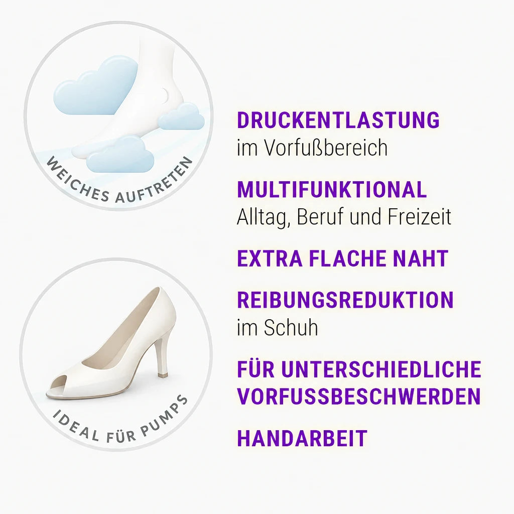 FußGut 2in1 Ballen- & Zehenpolster – Vorteile: extra flache Naht, weiche Polsterung, multifunktiona