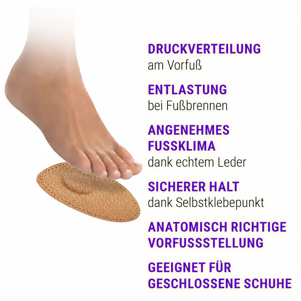 FußGut Spreizfuß-Halbsohle – Vorteile: Gewölbestütze, sicherer Halt, für geschlossene Schuhe