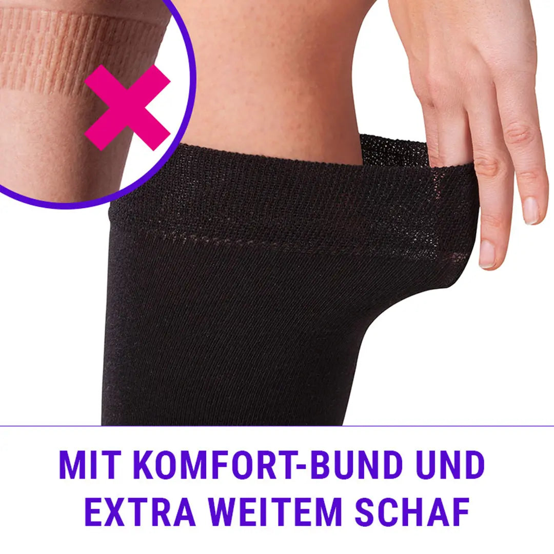 Detailaufnahme des weichen Komfortbunds der FußGut Sensitiv Kniestrümpfe in Schwarz.